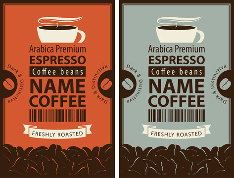 design label for coffee beans with cup in retro