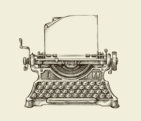 Hand drawn vintage typewriter. Sketch publishing. Vector illustration - obrazy, fototapety, plakaty