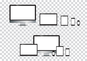 set of computer monitor, laptop, tablet, mobile phones smart phone. Electronic gadget isolated vector illustration