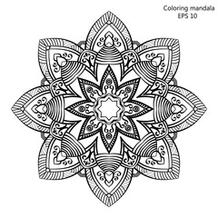 Coloring book for adult and older children. page with mandala made of decorative vintage flowers Outline hand drawn