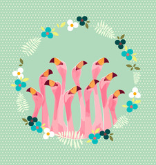 Fototapeta na wymiar Flamingo with Tropical Flowers Background