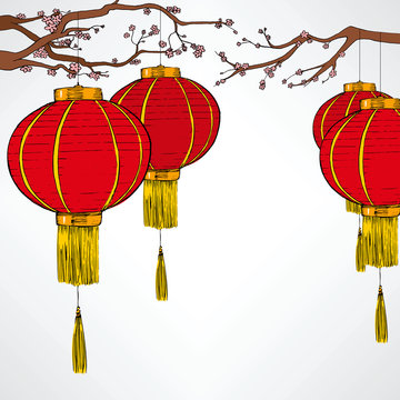 Traditional Chinese red lantern decoration elements for lunar new year celebration hanging from cherry tree