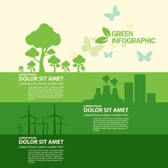 Eco infographic with green trees, nuclear power plant and windmills