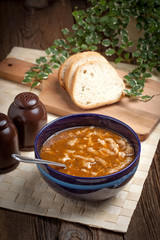Traditional polish tripe soup with vegetables.