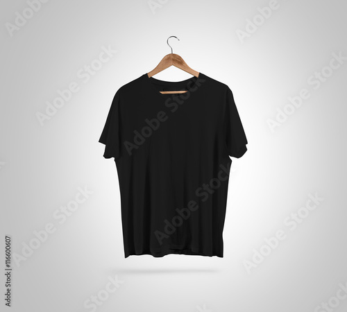 Blank Black T Shirt Front Side View On Hanger Design Mockup Clipping Path Gray Clear Plain Cotton Tshirt Mock Up Template Apparel Store Logo Branding Display Crew Shirt Surface Hang Wood Hanger