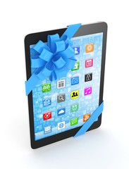 Black tablet with blue bow and icons. 3D rendering.