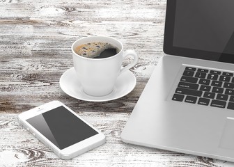 Laptop smartphone and coffee cup on wood. 3d rendering.