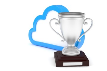 Isoalted silver cup with cloud on white background. Blue contour cloud. Concept of cloud storage competition. Leader cloud drive. Best storage contest. 3D rendering.