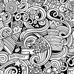 Cartoon hand-drawn doodles birthday theme seamless pattern