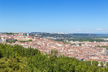 Lyon, France. View of the city and its environs from the height of the Fourviere hill