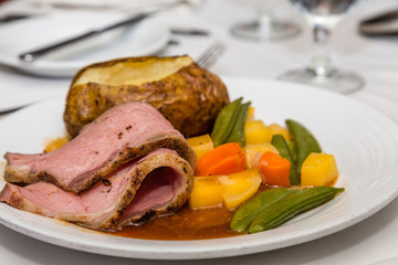 Sliced Beef with Baked Potato and Vegetables