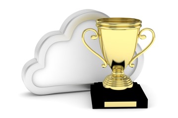Isoalted golden cup with cloud on white background. Concept of cloud storage competition. Leader cloud drive. Best storage contest. 3D rendering.