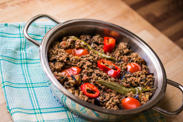 Turkish Karniyarik with minced meat in a pot