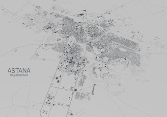 Cartina di Astana, vista satellitare, città, Kazakistan