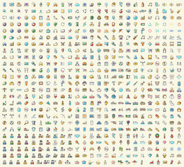 Set of 600 Solid Colored Multimedia, SEO, Business, Ecology, Education, Shopping, Transport, Home Appliances, Medical, Fitness and Sport, Beach, Baby, Veterinary, Christmas and Casino Icons. 