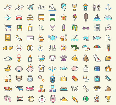 Set of 100 Minimalistic Solid Colored Airport, Beach, Baby and Veterinary Icons. Isolated Vector Elements.