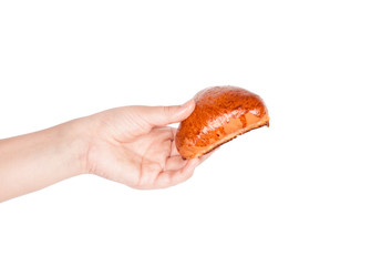 Fresh bun in his hand isolated