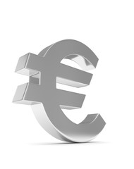 Isolated silver euro sign on white background. European currency. Concept of investment, european market, savings. Power, luxury and wealth. 3D rendering.