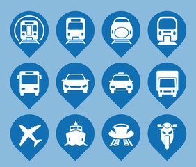 various transportation icon set, including cars, trains, subway, monorail, linear motor car, airplane, ship, motorcycle