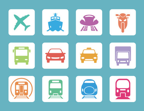 various transportation icon set, including cars, trains, subway, monorail, linear motor car, airplane, ship, motorcycle