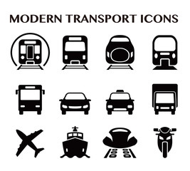 various transportation icon set, including cars, trains, subway, monorail, linear motor car, airplane, ship, motorcycle