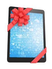 Black tablet with red bow and blue screen. 3D rendering.