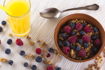 Muesli with fresh berries and orange juice.