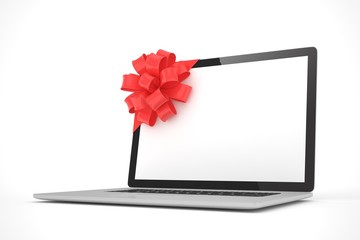 Laptop with red bow and empty screen. 3D rendering.