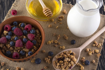 Fototapeta na wymiar Muesli with fresh berries, honey and milk.