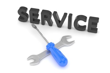 screwdriver and wrench tools on white background. service concept. 3D Rendering.