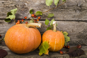 Obraz premium Pumpkins and fall leaves on a wooden table