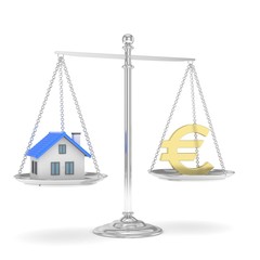 Isolated silver scales with golden euro and house on white background. Investment or savings concept. Real estate and currency. 3D rendering.
