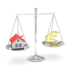 Isolated silver scales with golden euro and house on white background. Investment or savings concept. Real estate and currency. 3D rendering.