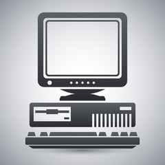Vector Retro Computer Icon with Keyboard and CRT Monitor icon. Old Computer Icon with Keyboard and CRT Monitor simple icon on a light gray background