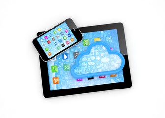 tablet pc, smart phone and cloud. 3d rendering.