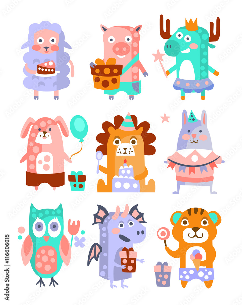 Poster Stylized Funky Animals Birthday Party Sticker Set