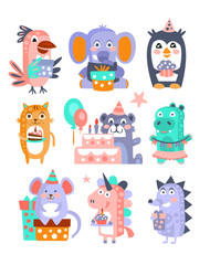 Obraz premium Stylized Funky Animals Birthday Celebration Sticker Set