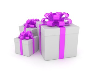 three gift boxes with bows isolated on white. 3d rendering.