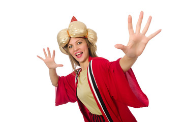 Woman wizard in red clothing isolated on white