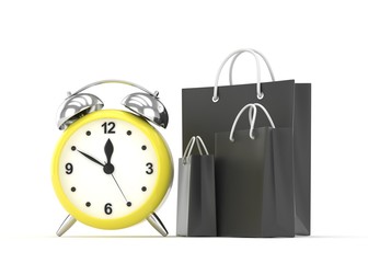 alarm clock and shopping bag (time to buy concept). 3d rendering.