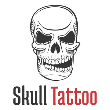 Smirking and scary human skull tattoo with grin