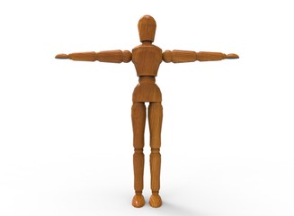 3d illustration of wooden dummy man. white background isolated. icon for game web. 