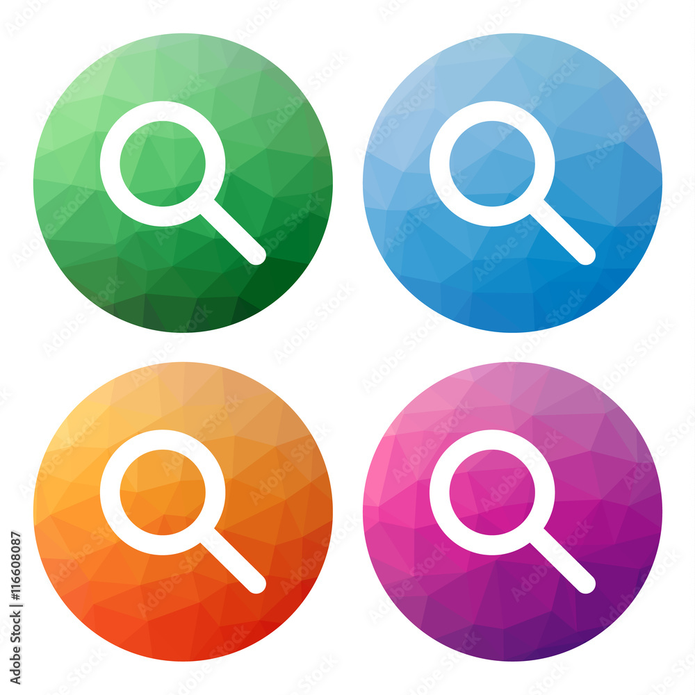Poster collection of 4 isolated modern low polygonal mosaic abstract buttons - icons - for search or zoom