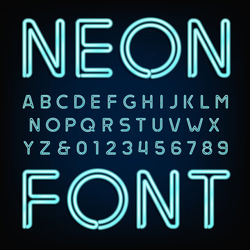 Neon tube alphabet font. Type letters and numbers on a dark background. Vector typeface for labels, titles, posters etc.
