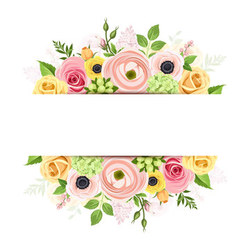 Vector background banner with pink, orange and yellow roses, lisianthuses, anemone flowers and green leaves.
