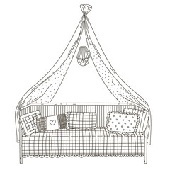 Canopy bed, pillows and sconces. © marinadreams