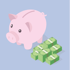 Money stacked, piles of green banknotes and piggy bank. Saving and investing concept.