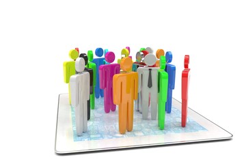 group of people figures on tablet PC. 3d rendering.