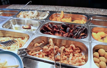 tray of fried foods in the Chinese restaurant take-away