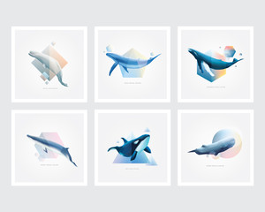 Set of whales with colorful geometric polygons, triangle, circle and cubic shape designs